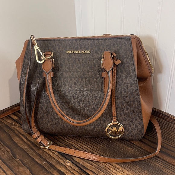 Michael Kors Sheila Signature Brown and Tan Satchel Bag - Picture 1 of 5